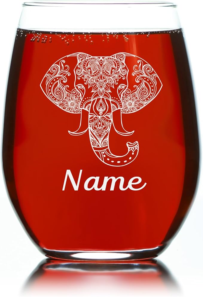 C M Elephant with Name Personalized Stemless Wine Glass - Custom Elephant Themed Gift for Women and Men - 17 oz.