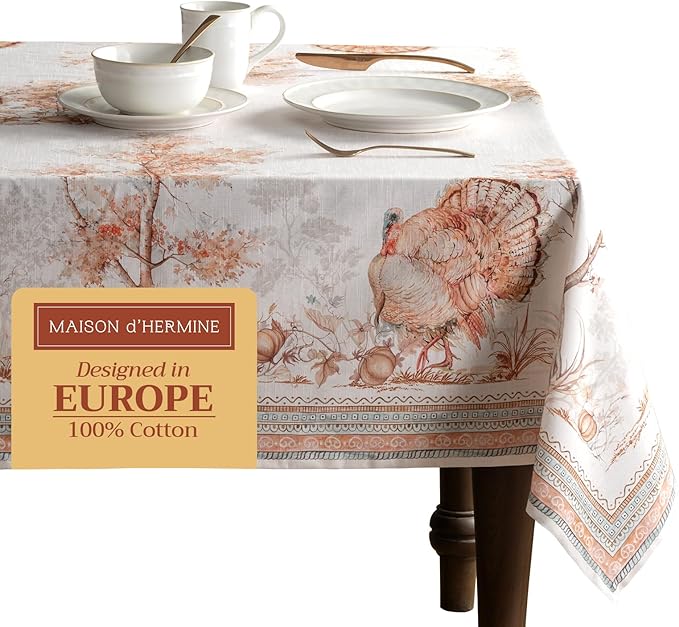 Maison d' Hermine Table Cloth Rectangle Table 100% Cotton 60 x 108 Inches Fall Tablecloth Reusable Everyday Use for Thanksgiving Christmas Decorations Dining Farmhouse Party (Giving Thanks)