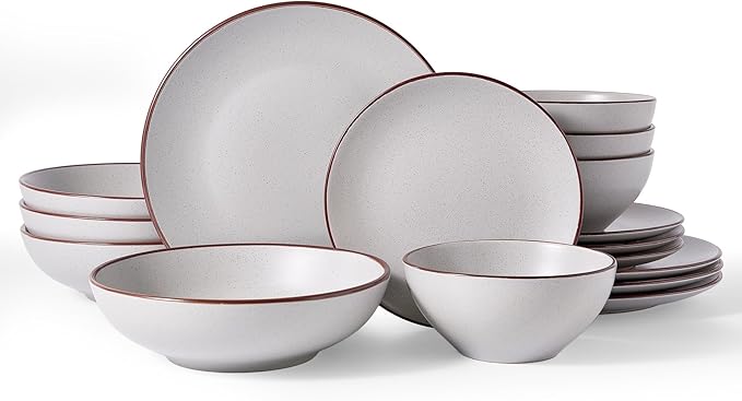 Famiware Venus Speckled Dinnerware Set with Pasta Bowls, Service for 4 (16 Pieces), Stoneware Plates and Double Bowls Sets, Microwave & Dishwasher-Safe Dishes with Trim, Matte Light Grey