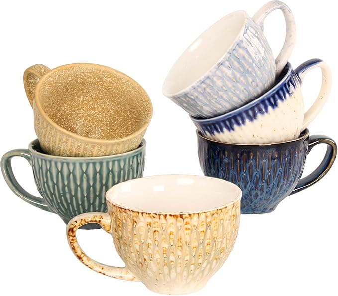Coffee Mugs Set of 6, 6.8 oz Ceramic Tea Cup, Espresso Cups, Stackable Cups, for Latte, Hot Tea, Cappuccino, Mocha, Cocoa, Milk Tea - Dishwasher & Microwave Safe,Six colors
