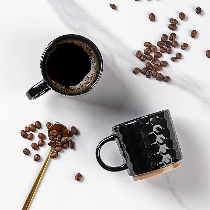 GBhome 8OZ Stackable Coffee Mugs, Ceramic Coffee Mugs with Texture Patterns for Man,Woman,Dad,Mom, Modern Coffee Cups Set of 4 for Espresso/Cappuccino/Cocoa. Dishwasher&Microwave Safe, Black
