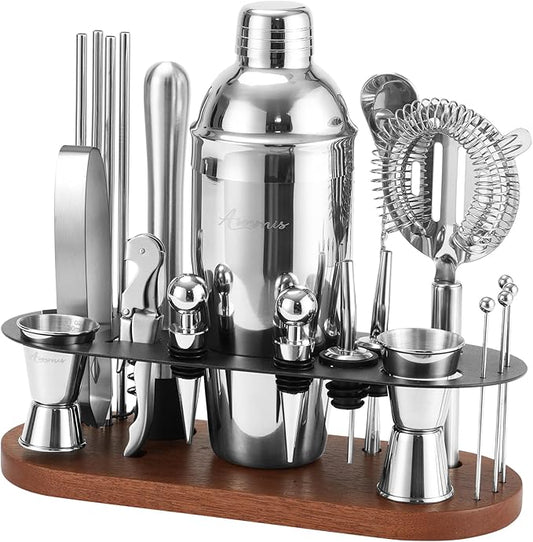23-Piece Bartender Kit, Cocktail Shaker Set with Stand | Bar Drink Mixer Set with All Essential Bar Tools: Martini Shaker, Jigger, Strainer, Pourers, for Home, Bar, Party (brown-y)