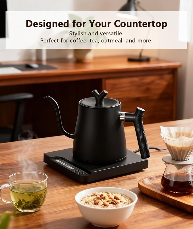 Gooseneck Electric Kettle | Electric Pour Over Kettle with Variable Temperature Control | 100% Stainless Steel Interior, Keep Warm & Auto Shut-Off | 1.0L Fast Boil for Coffee & Tea, Matte Black