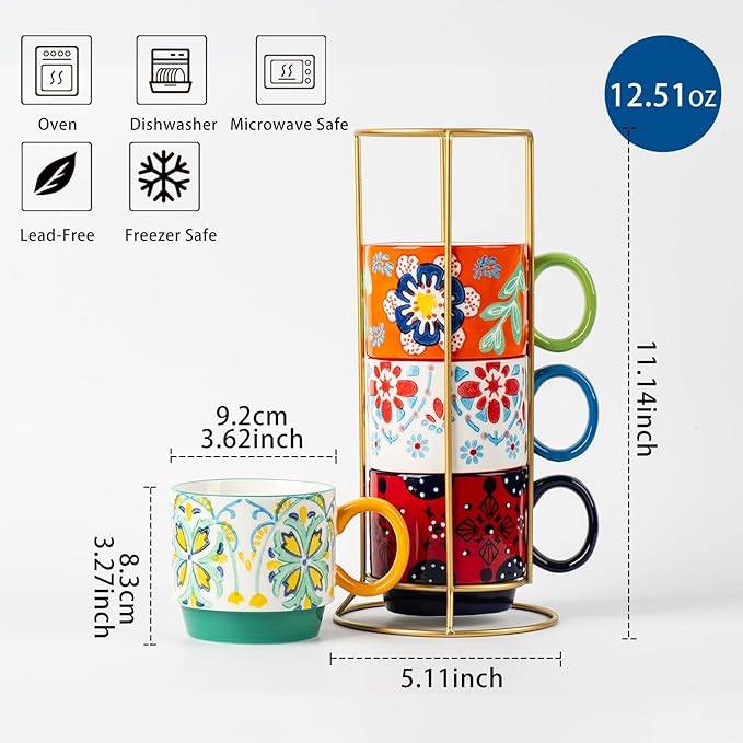 Floral Stackable Ceramic Coffee Mugs - Set of 4 with Stand, 12.5 oz Multi-Color Porcelain Cups for Latte, Cappuccino, Tea, Hot Cocoa - Dishwasher & Microwave Safe (Floral)