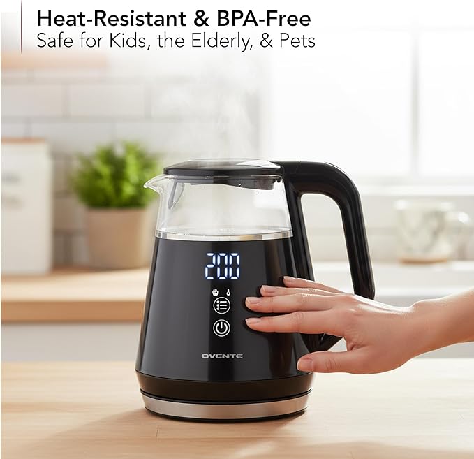 OVENTE 1L Small Electric Kettle with 5 Temperature Preset, Digital Display, 5Hr Keep Warm, Auto Shut-Off, Double-Wall Cool Touch Exterior, Borosilicate Glass,1500W BPA Free Water Boiler, Black KD95B