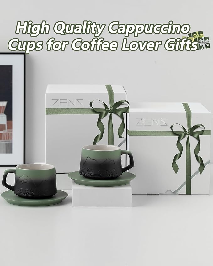 ZENS 8 Ounce Artistic Cappuccino Cups Set of 2, Embossed Ceramic Coffee Mug with Saucers for Latte Art, Moss Green & Black