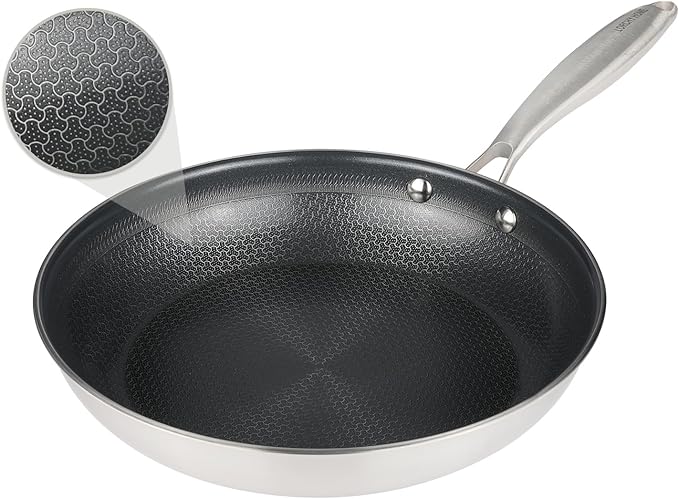 Stainless Steel Nonstick Frying Pan, Hybrid Ceramic 12-Inch Frying Pans, Stay-Cool Handle, PFAS & PFOA PTFE Free, Dishwasher & Oven Safe, Scratch-Resistant, Compatible with Induction & All Cooktops