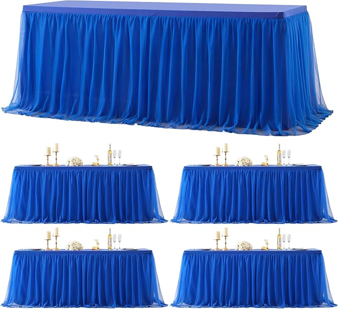 4 Pack 8ft Royal Blue Tulle Tablecloths for Rectangle Tables, 8 Foot Rectangular Table Cloth Wrinkle Free Tablecover with Tutu Skirt for Baby Shower Wedding Birthday Party Banquet Buffet Cake