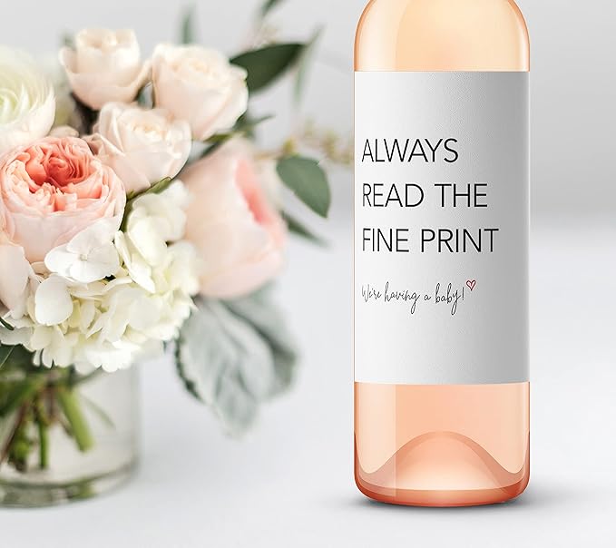Always Read the Fine Print ● SET of 5 ● GENDER NEUTRAL Pregnancy Announcement Wine Labels, Baby Announcement Wine Label, We are Pregnant, Pregnancy Reveal, Alternative to Card WATERPROOF (Minimalist)