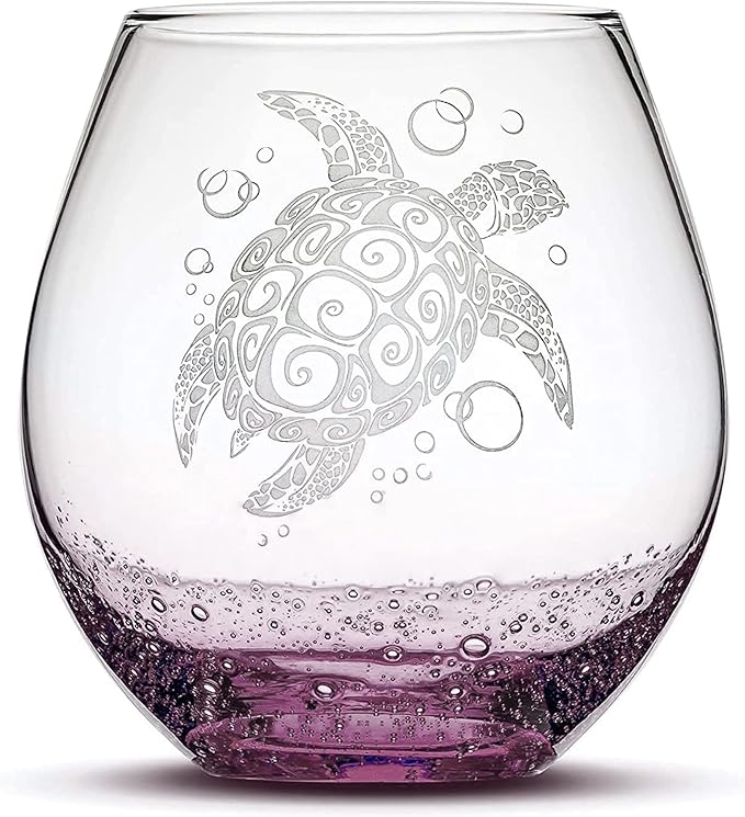 Integrity Bottles Tribal Sea Turtle Design Stemless Wine Glass, Handmade, Handblown, Hand Etched Gifts, Sand Carved, 18oz (Bubbly Purple)