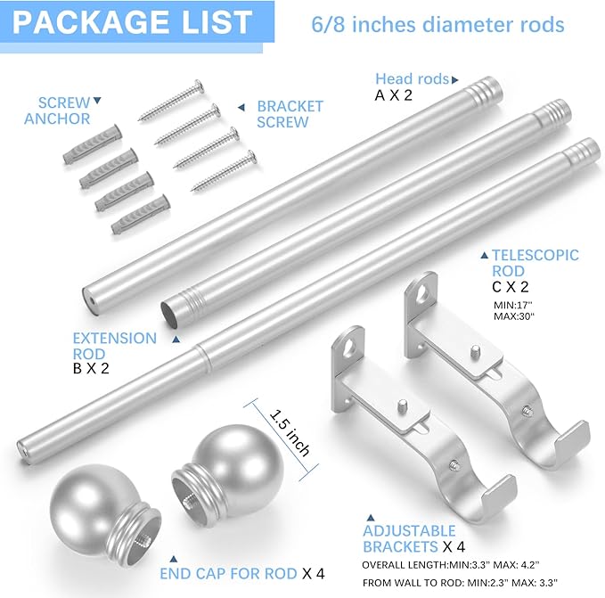 Curtain Rods for Windows 16 to 48 Inches, Curtain Rod Max Adjustable Length of 60 IN, 6/8" Diameter Drapery Rods Round Finials, Satin Silver, Pack of 2