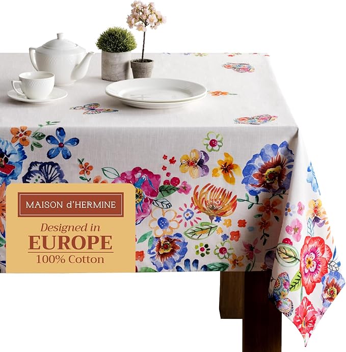 Maison d' Hermine Table Cloth Rectangle Table 100% Cotton 60 x 120 Inches Tablecloth Reusable Decorative for Dining Room Farmhouse Valentines Day Decorations Spring Summer- Happy Florals - High Summer