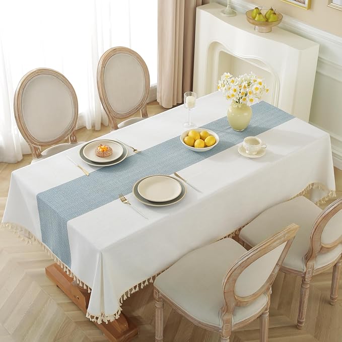 Alsoo Table Cloth Rectangle Table, Cotton Linen Tablecloth Waterproof, Boho Rustic Spring Tables Cover with Tassel for Outdoor Party Kitchen Dining Holiday Decorations (Beige, Blue Stripe, 75''x55'')