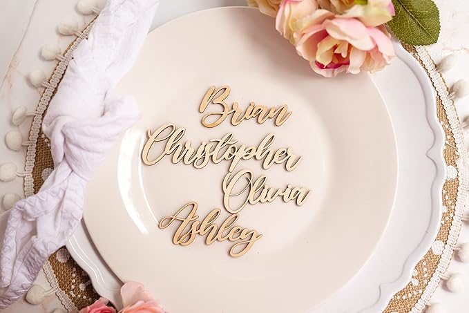 Customized Wooden Name Tags for Place Setting, Personalized Place Cards for Weddings, Bridal Showers and Events, Cursive Laser Cut Seating Cards (Raw Wood)