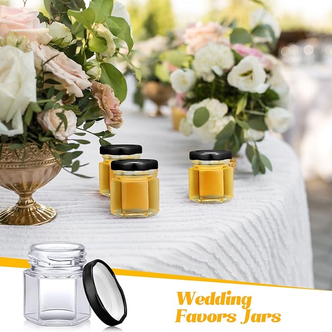 Nuogo 100 Pack 1.5oz Mini Hexagon Glass Jars Bulk for Wedding Small Honey Jars with Lids for Spice Canning Mason Gifts Candy Honey Wedding Party Favors DIY Crafts(Black)
