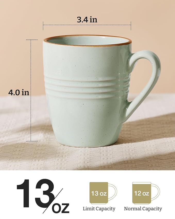 famiware Jupiter Coffee Mugs Set of 4, 13 oz Coffee Mug, Microwave and Dishwasher Safe, Coffee Cups with Handle for Coffee, Tea, Cocoa, Milk, Light Green