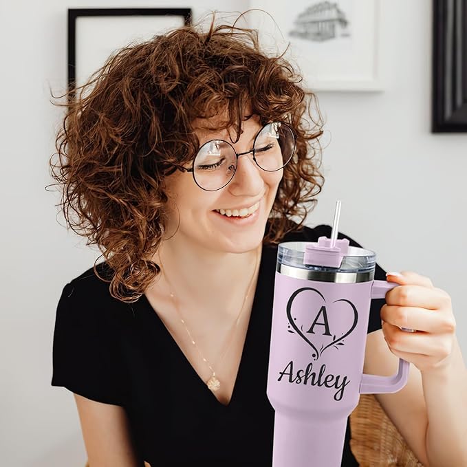 Personalized 40 Oz Tumbler with Handle and Straw, Custom Cup with Name & Birth Flower, Stainless Steel Travel Coffee Tumbler,Personalized Christmas Birthday Gifts for Women, Teen Girls