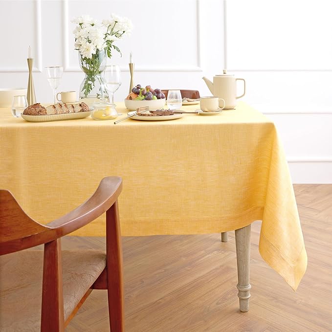 Solino Home Linen Tablecloth 60 x 120 Inch - 100% Pure Linen Chambray Mustard Yellow Table Cloth for Rectangular Tables - Athena, Machine Washable Cloth Tablecloth for Spring, Easter