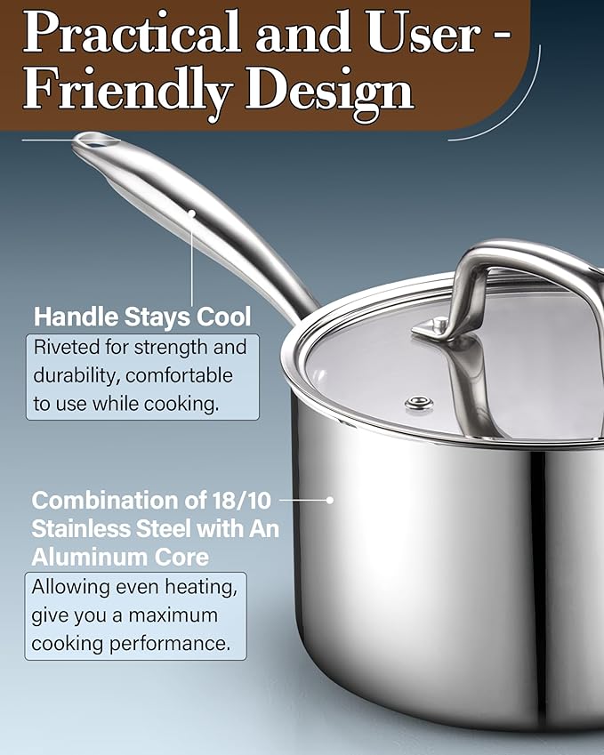 Cook N Home Stainless Steel Saucepan 3 Quart, Tri-Ply Full Clad Sauce Pan with Glass Lid, Silver
