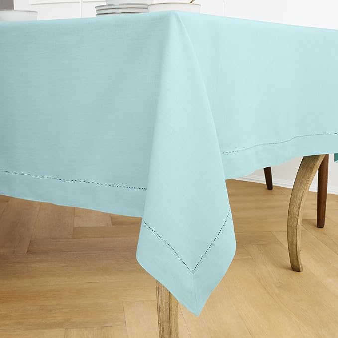 Solino Home Linen Aqua Blue Tablecloth 54 x 72 Inch - Classic Hemstitch, 100% Pure Linen Rectangular Tablecloth - Machine Washable Table Cloth for Winter, Spring, Easter
