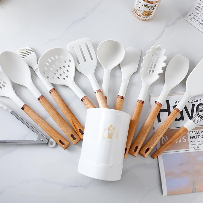 Silicone Cooking Utensils Set, Kitchen Utensils Set 13 Pcs for cooking, BPA Free Spatula Set with Heat Resistant Wood Handles for Nonstick Cookware (White)
