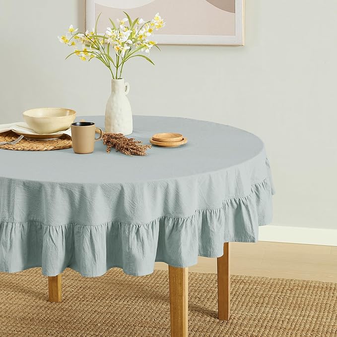 MONDAY MOOSE Ruffle Farmhouse Rustic Round Natural Stonewashed Cotton Tablecloth for Kitchen, Dining Room, Restaurant (60" Round, Slate Blue)