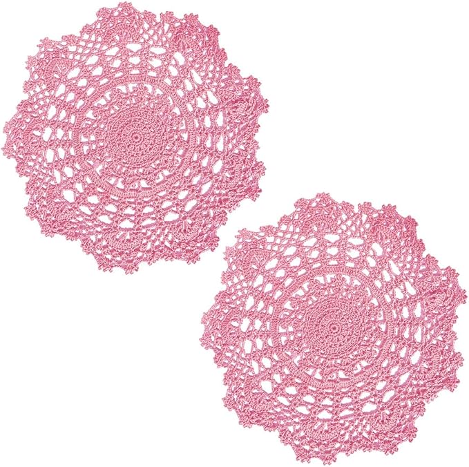 BIBITIME 2PCS Lace Table Doilies Kitchen Placemats Round Handmade Crochet Flower Cup Mug Mat Doily (13 inches to 14 inches, Pink)