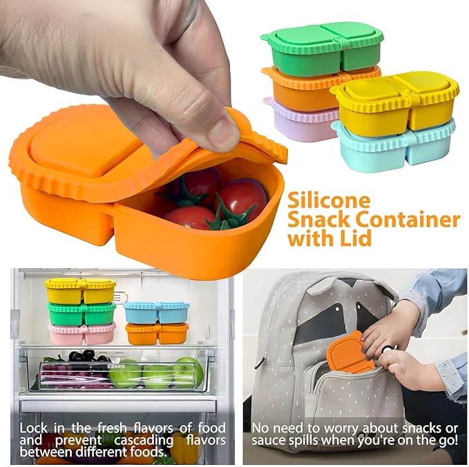 Silicone Reusable Snack Containers with Lids, 2 Compartment 8 oz Food Storage Containers Snackle Condiment Boxes Salad Dressing Sauce Seasoning Small Box for Travel Office Picnic 2 Pack Blue Orange