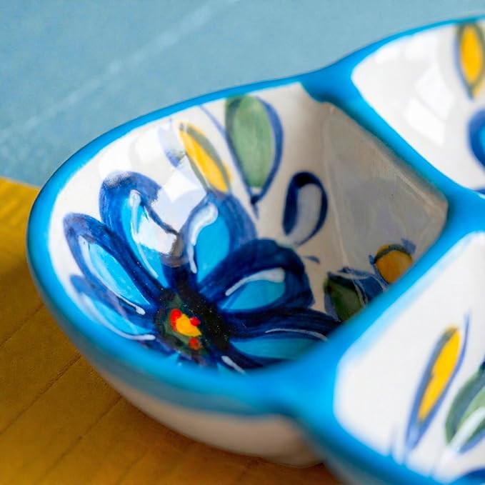 Ceramic Chip & Dip Bowl 7.5”, 3-Compartment Divided Serving Dish & Condiment Tray for Appetizers – Handmade in Spain, Lead-Free Glaze, Microwave, Oven & Dishwasher Safe