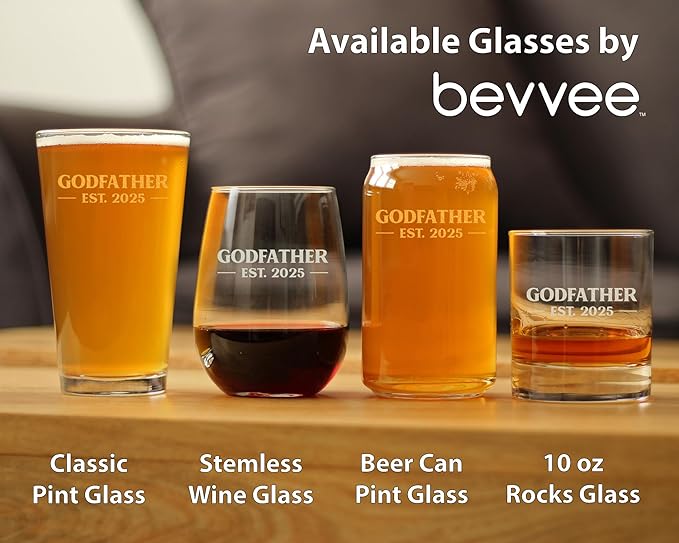 Bevvee Godfather Est 2025 - New Godfather Pint Glass Proposal Gift for First Time Godparents - Bold 16 Oz Glasses