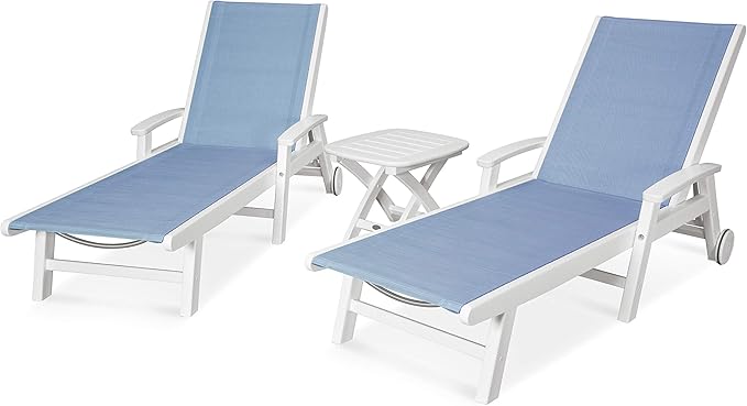 POLYWOOD® Coastal 3-Piece Wheeled Chaise Set in White/Poolside Sling