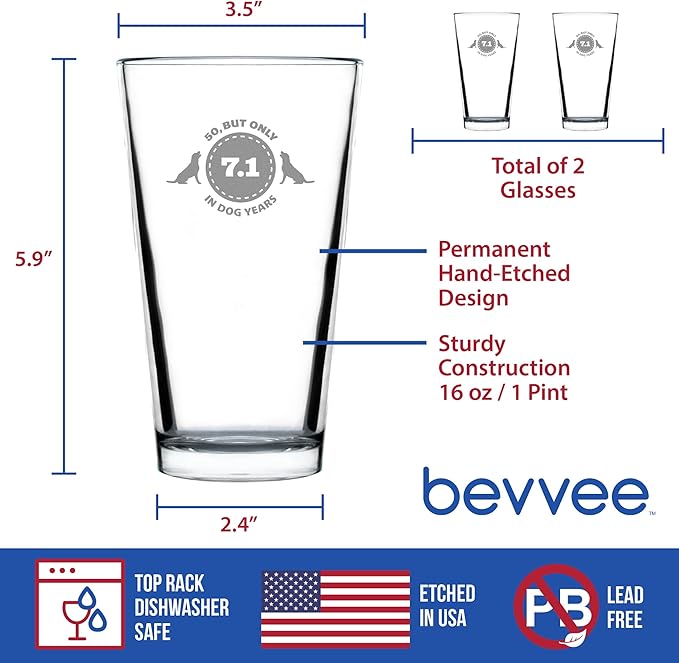 50th Birthday Dog Years - Pint Glass for Beer - Unique Funny Bday Gifts for Women and Men Turning 50 - Set of 2-16 oz Glasses