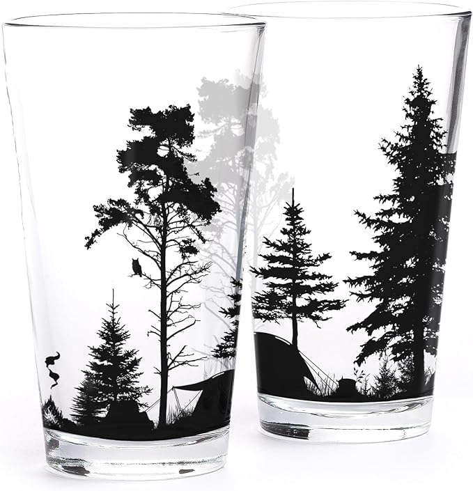 Black Lantern Nature Themed Pint Glasses Set of 2 – Pint Glasses in Unique Designs for Craft Beer Enthusiasts - (Set of Two 16oz. Glasses) - Beer Glasses for Nature Lovers (Mountain Camping)