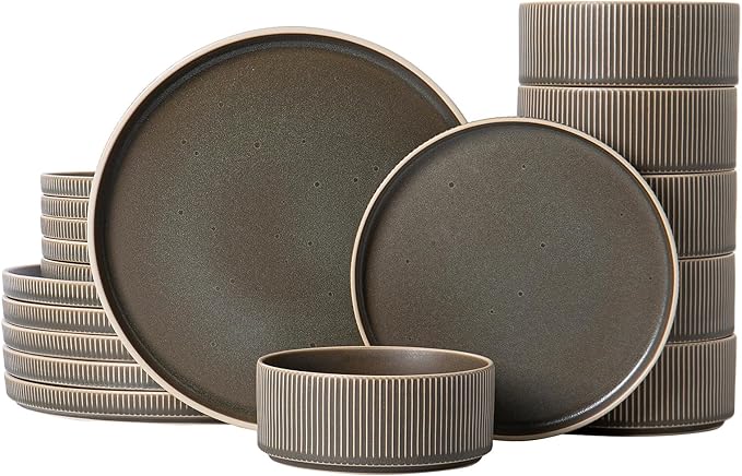 Dinnerware Set Service for 6, 18-Piece Ceramic Plates and Bowls Set, Chip & Scratch Resistant, Microwave and Dishwasher Safe, Modern Minimalist Tableware for Everyday Use, Matte Green