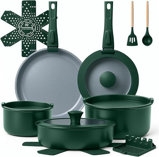 Ammeloo 18-Piece Ceramic Pots and Pans Set Non Stick, Non Toxic Cookware Set with Removable Handles, Pot Sets for Cooking, Induction Ready, Dishwasher & Oven Safe, PFAS PFOA & PTFE Free