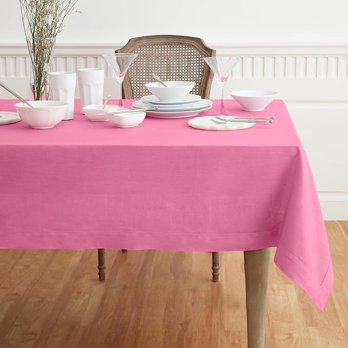 Solino Home Linen Square Tablecloth 52 x 52 Inch - 100% Pure Linen Flamingo Pink Table Throw - Fete, Machine Washable Table Cloth for Valentines, Spring, Easter