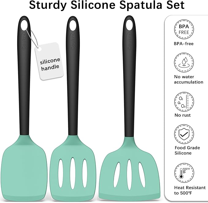 Coukre 3 Pack Silicone Spatula Set, High Heat Resistant, BPA-Free, Fish Spatula, Solid & Slotted Turner for Non-Stick Pans, Flipping Eggs, Pancakes, Fish, Burgers (3, AquaGreen)