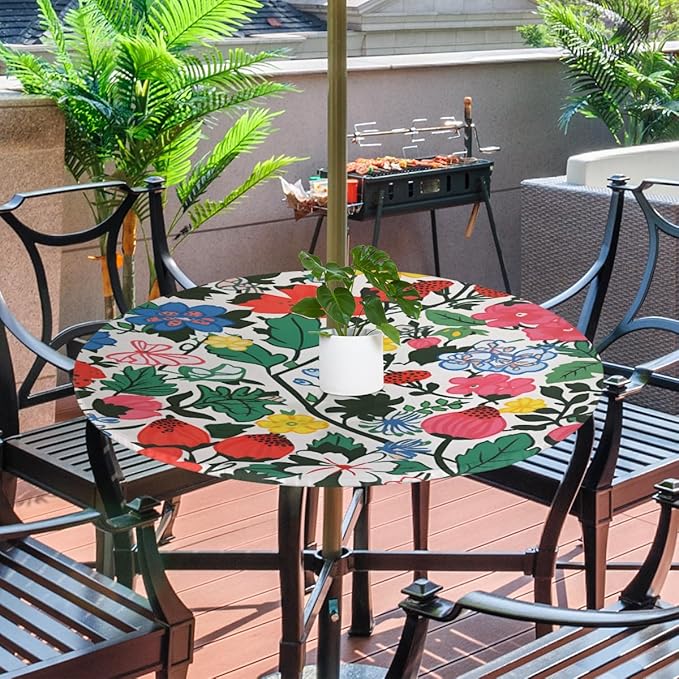 Outdoor Round Tablecloth with Umbrella Hole, Colorful Flower Fitted Table Cloth with Elastic 45"-56" Waterproof Oil-Proof Circle Patio Table Cover for Picnic Camping Party
