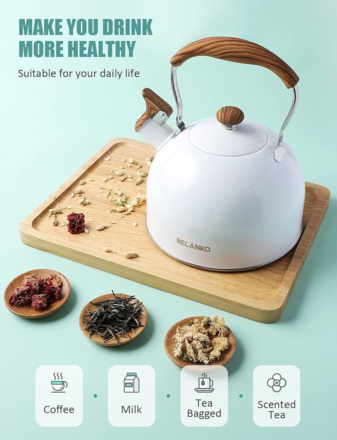 Tea Kettle, BELANKO 85 OZ / 2.5 Liter Whistling Tea Kettle, Tea Pots for Stove Top Food Grade Stainless Steel with Wood Pattern Folding Handle, Loud Whistle Kettle for Tea, Coffee, Milk - Gloss White