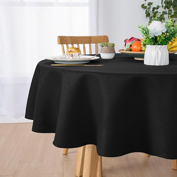 Hiasan Round Textured Tablecloth 50 Inch - Waterproof Spillproof Antiwrinkle Jacquard Table Cloth, Decorative Polyester Table Cover for Kitchen, Outdoor Picnic, Holiday and Parties, Black