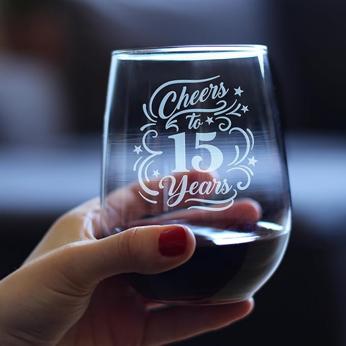 Bevvee Cheers to 15 Years - Stemless Wine Glass Gifts for Women & Men - 15th Anniversary Party Decor - Set of 2 - Large 17 Oz Glasses