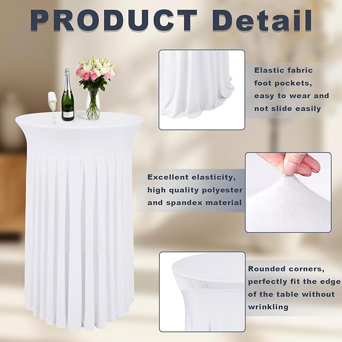 6 Pcs White Spandex Stretch Round Cocktail Table Skirt, 32x43 Inch High Top Table Covers, Fitted Table Cloths for Wedding, Bar, Banquet, Party Decor & Event Supplies