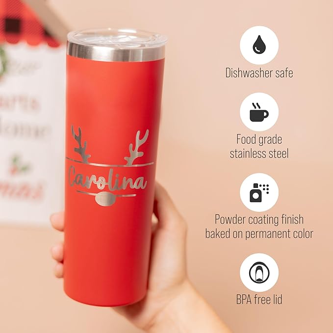Custom insulated christmas tumbler with lid, personalized 20oz skinny metal powder coated thermo for women men, engraved corporate holiday employee gift thermal cup for coffee & beverages (Christmas)