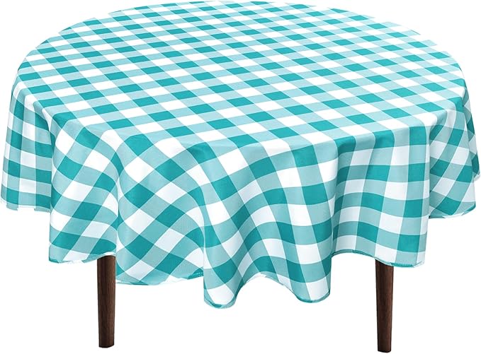 Hiasan Checkered Round Tablecloth 50 Inch - Waterproof Stain and Wrinkle Resistant Washable Fabric Table Cloth for Dining Room Party Outdoor Picnic,Turquoise and White