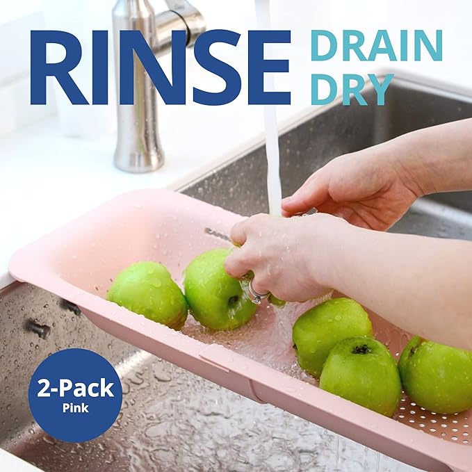 BLUE GINKGO Over the Sink Colander Strainer Basket - Wash Vegetables and Fruits, Drain Cooked Pasta and Dry Dishes - Extendable - New Home Kitchen Essentials (Pink, 2 Pack)