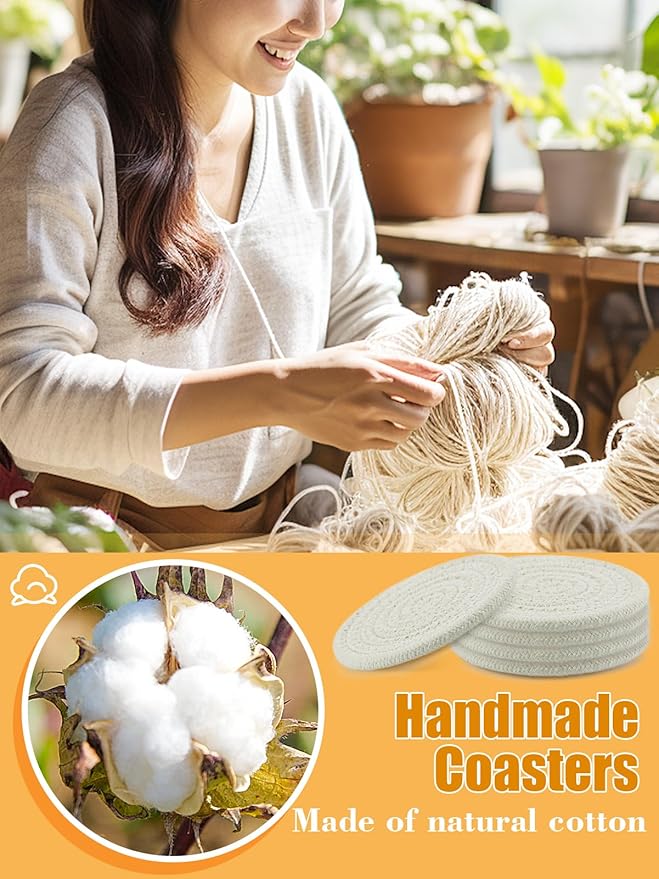 Handmade Woven Drink Coasters, 8 Pcs Boho Absorbent Coasters for Home Decor, Cotton, for Farmhouse Table Kinds of Cups New House Gift(4.3in, White)