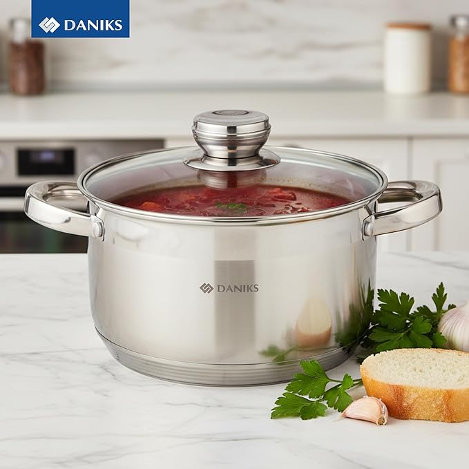 Daniks Standard 4 Quart Stainless Steel Stock Pot with Glass Lid, Tri-Ply Bottom for Even Heating, Induction Compatible, Dishwasher Safe, Built-In Measuring Scale, Silver