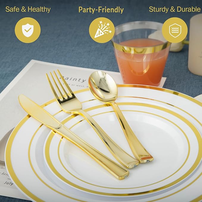 N9R 600PCS Disposable Plastic Plates, Gold Plastic Dinnerware Set Includes 100 Dinner Plates, Dessert Plate, Cups, Spoons, Forks, Knives for 100 Guests, Perfect for Party, Wedding, Birthday