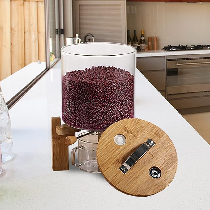 Rice Storage Containers Creative Glass Clear Container Rice Bucket with Measuring Cup and Wooden Stand Kitchen Storage Separate Grain Rice Bucket Cereal Dispenser for Kitchen and Pantry Store (5L)