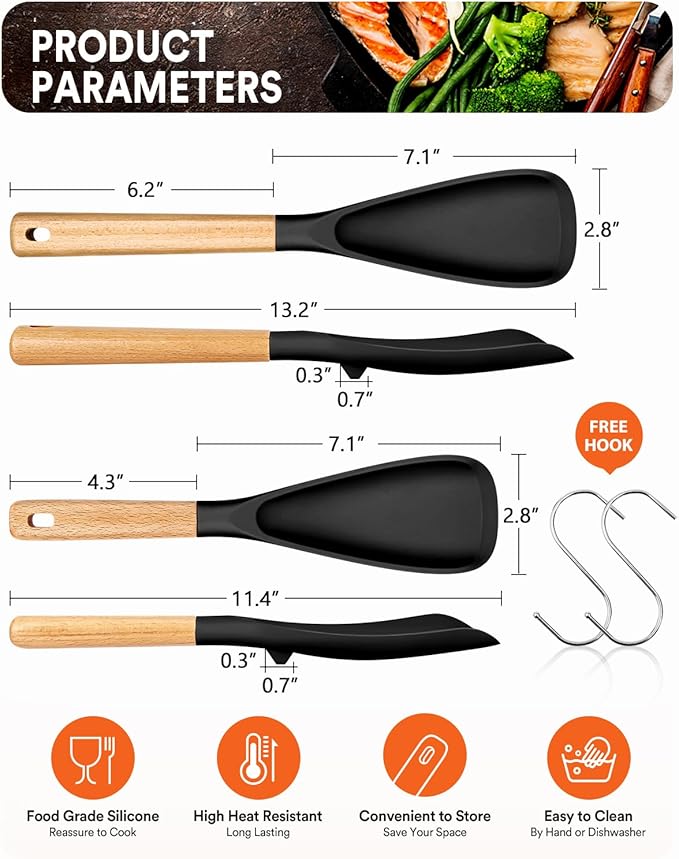 Multifunction Spoon for Nonstick Cookwares, Great for Cooking and Serving, Sturdy BPA-Free Matte Silicone, Wood Handle Spoonula for Mixing, Scoop, and Scrape, Black(2 pack,11.4" & 13.4")